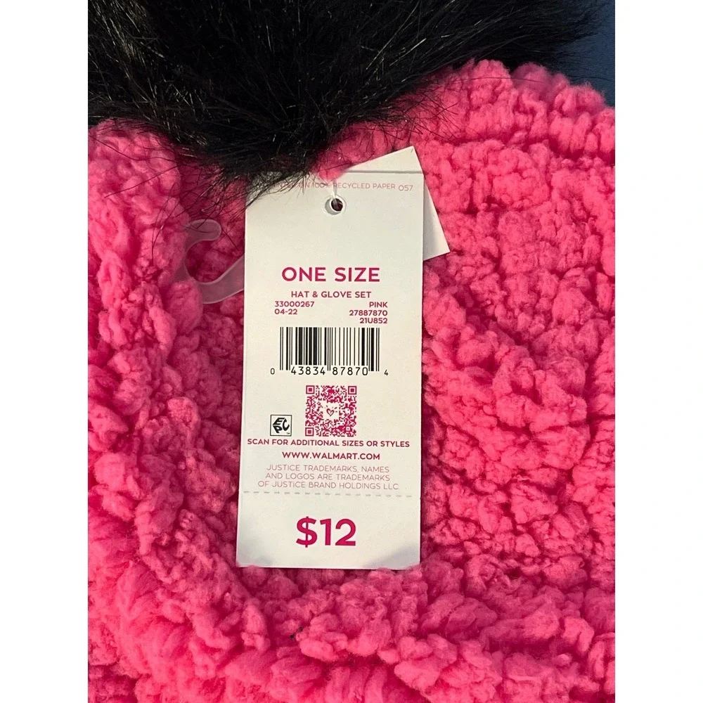 Justice Girls Hot Pink Sherpa Beanie Hat Black Faux Fur Pom Pom One Size NWT‎
